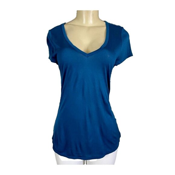 Gap M Solid Teal Blue Semi-Sheer V-Neckline Rayon Short Sleeve Tee - Picture 2 of 6